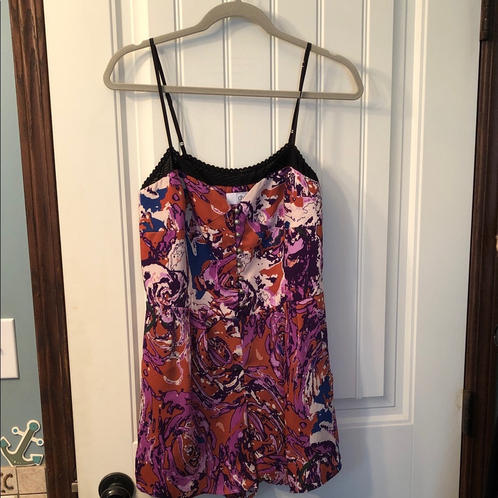 Dolce Vita Purple & Orange Abstract Floral romper with Black Lace